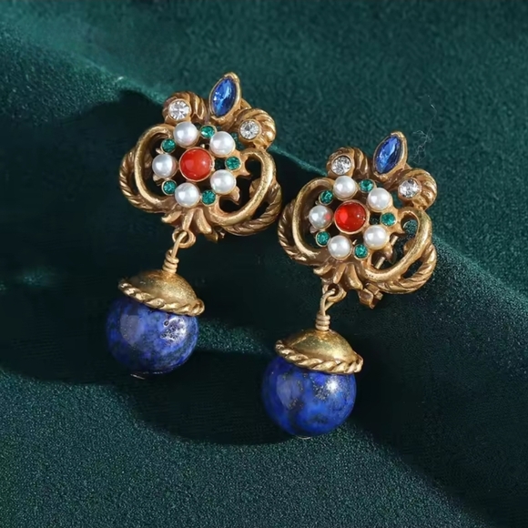Vintage Blue and Gold Drop Earrings - Picture 3 of 8